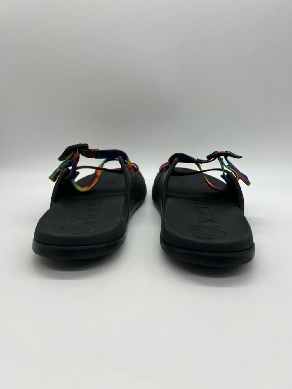 Chaco Women's Black Chillo Sandals with Rainbow Tie-Dye Straps